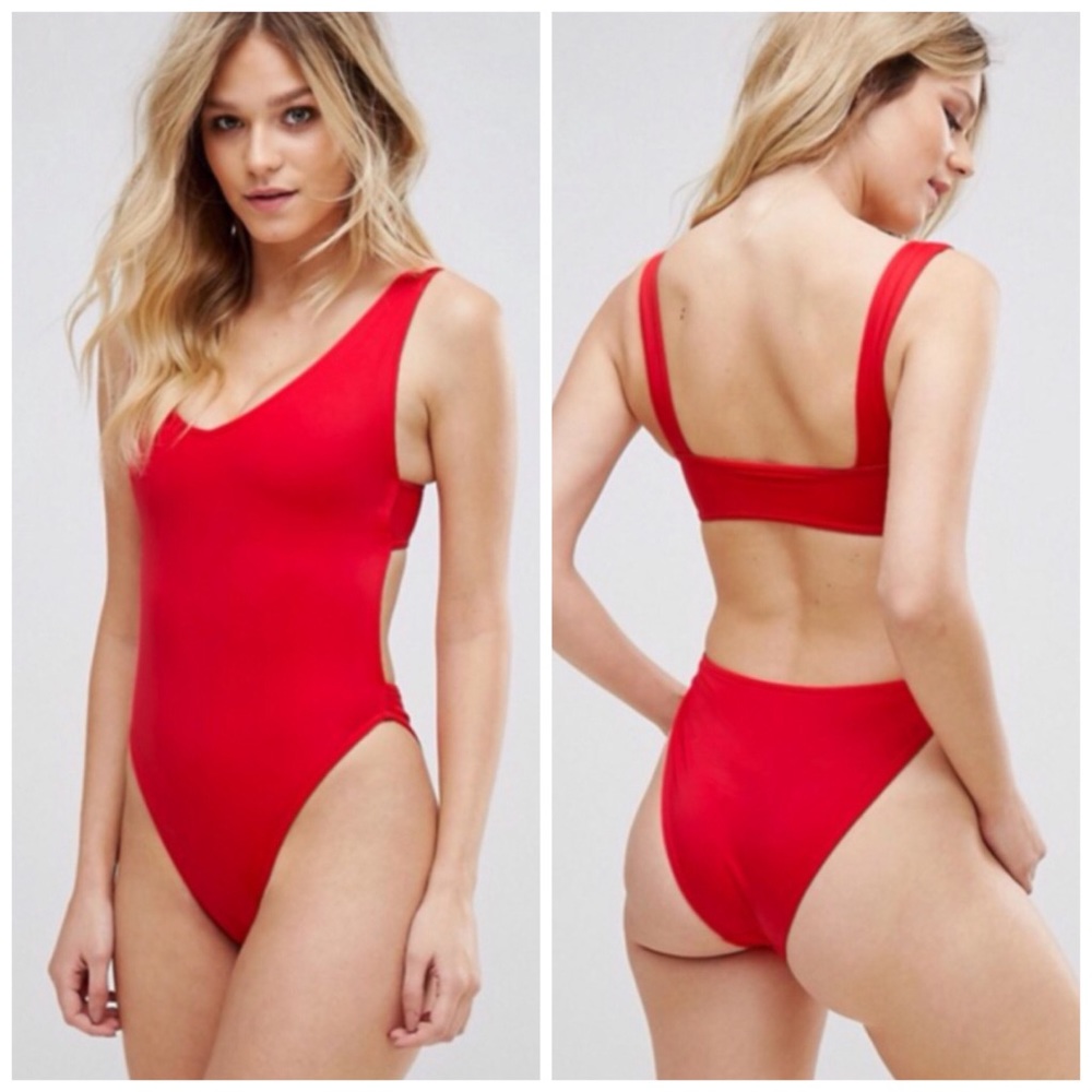 ASOS Fuller Bust Red Plunge Side High Leg Swimsuit